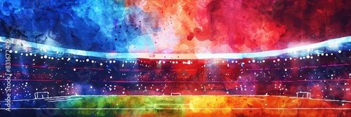 Stylized illustration of a colorful stadium - An artistic representation of a sports stadium with a vibrant splash of colors and dynamic lighting effects