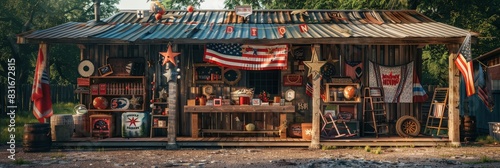 Rustic Americana shop facade with flag - An old-fashioned general store decorated in Americana style with various antiques and an American flag