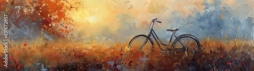 Bicycle in the morning mist on an autumn field at sunrise panorama. The painting depicts a bicycle in the morning mist on an autumn field at sunrise, in the style of an impressionist panorama.