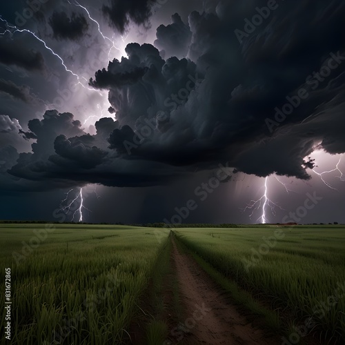   A sky full of dark  stormy clouds with lightning striking in the distance over an open field 