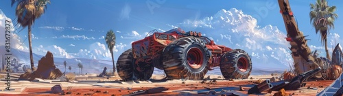 an extremly large desert crawler, huge tires, ruins in the desert, rough metal, very red, very ominus feeling, vast lasdscape with palm trees photo