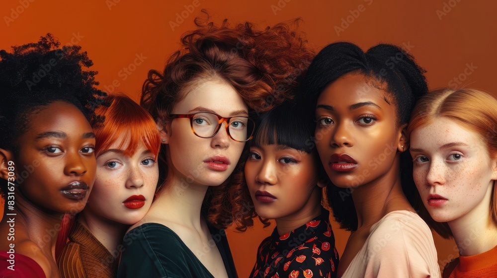 Group of multiethnic women with different hairstyles posing in studio. Generative Ai.