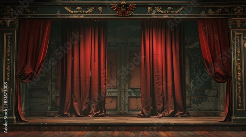 Vintage theater stage with red curtains - Classic theater stage with opulent red velvet curtains, hinting at drama, performance, and entertainment history