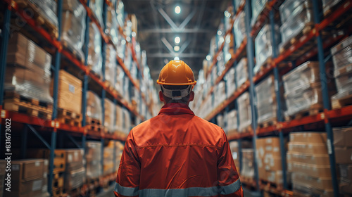 A man in a red jacket and orange helmet stands in a warehouse. The warehouse is full of boxes and shelves