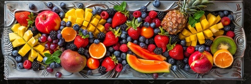 Assorted fresh fruits beautifully arranged - Colorful display of various fresh fruits meticulously arranged on a tray, creating a vibrant visual feast