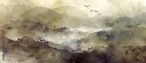 Traditional Chinese watercolor of a misty landscape on wash paper, flowing brush strokes, high angle view, ethereal lighting photo