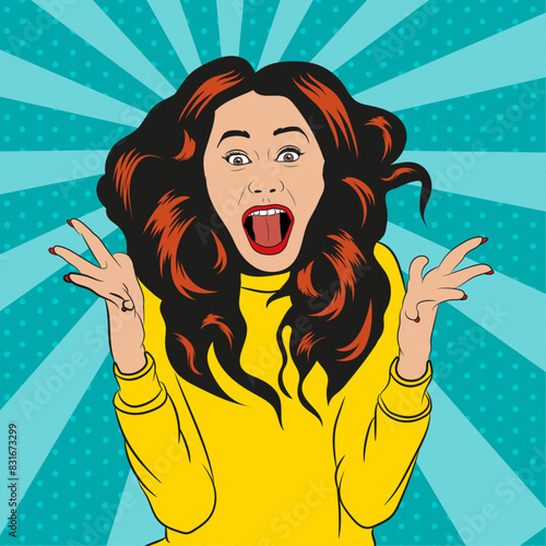 Very surprised pop art girl on retro background