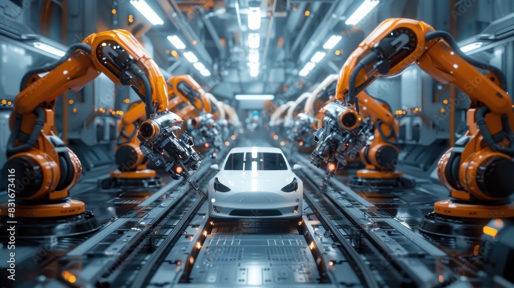 High Tech Factory Floor with Robotic Arms Assembling Sleek Car Concept Advanced Automation and Precision Engineering.