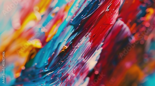 Colorful abstract scene with intricate brush strokes in bright reds  blues  and yellows  macro shot  soft focus  radiant lighting