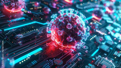 Virus particle in digital environment - Highly detailed image of a stylized digital virus particle, representing technology and health themes