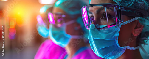 Three women wearing blue surgical masks and gowns are standing in a room. The room is brightly lit and the women are looking at something photo