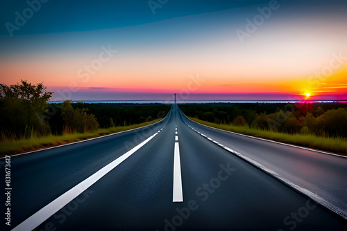 Start text on long road. A long straight road and cityscape at sunset.