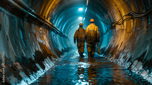 Sanitation workers working inside large underground drain pipe canal system. photo