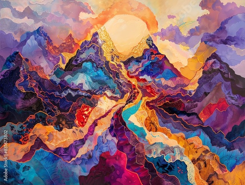 A surreal mountain range with peaks in shades of purple