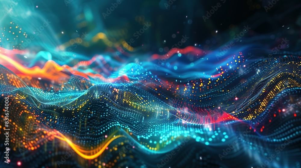 Fototapeta premium Stream data wave. Glowing neon wave lines and bokeh lights data transfer concept