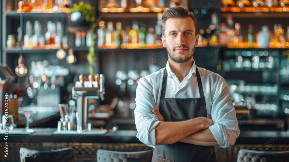 Man bartender working in restaurant.