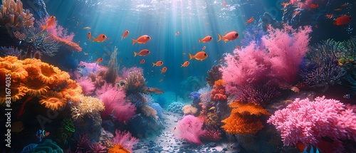A vibrant underwater scene featuring colorful coral reefs and a variety of tropical fish swimming among them. HD 8K background wallpaper with a realistic look, captured by an HD camera