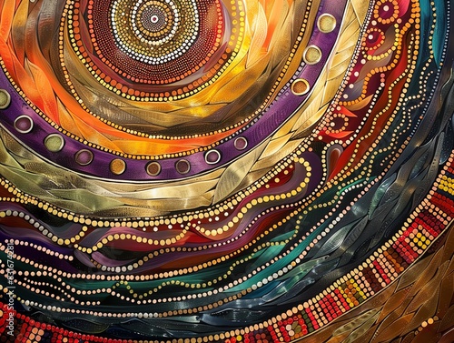 Australian Aboriginal dot art, concentric circles and wavy lines, earthy and vibrant hues, top down perspective, soft lighting