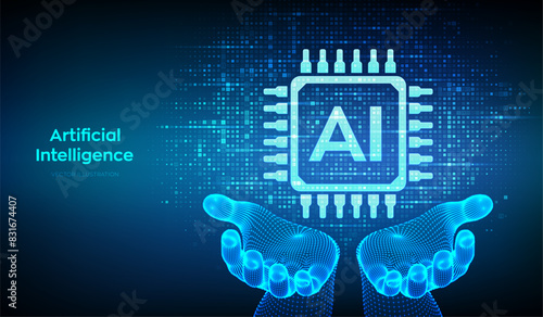 AI. Artificial intelligence. AI icon made with binary code in wireframe hands. Binary data and streaming digital code background. Matrix background with digits 1.0. Vector illustration.