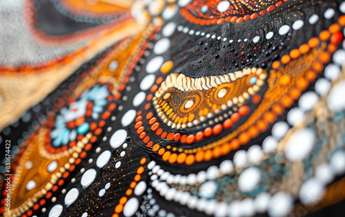 Aboriginal dot painting with vibrant and earthy tones, abstract patterns, close up view, sharp focus, natural light photo