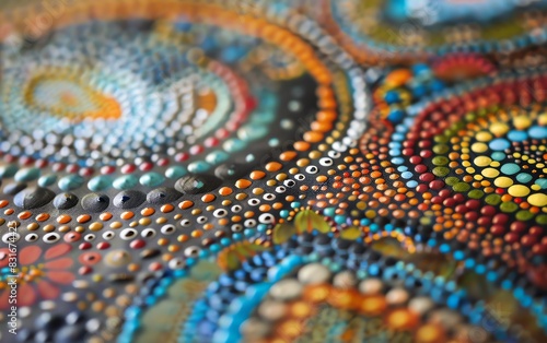 Aboriginal dot painting with vibrant and earthy tones, abstract patterns, close up view, sharp focus, natural light photo