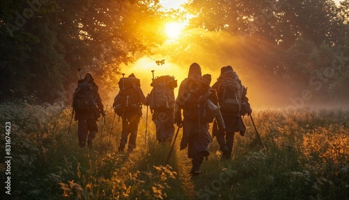 Pilgrims Commencing Their Sunrise Journey Through a Misty Forest Path - AI generated digital art