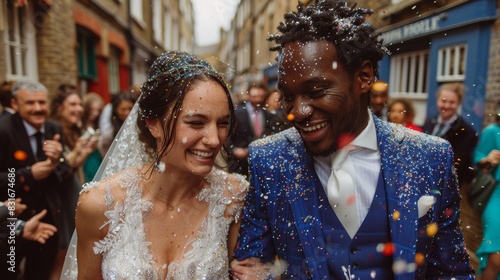 A joyous couple celebrates their wedding day with an enthusiastic crowd showering them with colorful confetti on a vibrant city street