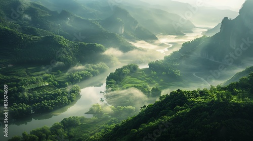 Traditional Chinese landscape with a river valley, lush greenery, winding river, top down perspective, morning mist