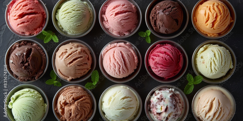 A delightful and colorful array of ice cream scoops featuring various flavors, including chocolate, strawberry, mint, and vanilla, arranged in small containers on a dark background with mint leaves A delightful and colorful array of ice cream scoops featuring various flavors, including chocolate, strawberry, mint, and vanilla, arranged in small containers on a dark background with mint leaves