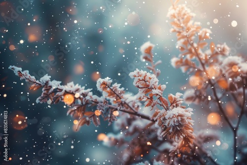 A stunning close-up of frost-covered plants with falling snowflakes  capturing the serene and magical essence of a winter wonderland during snowfall