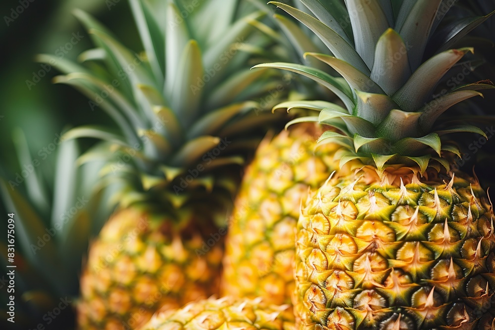 Sliced and half of Pineapple(Ananas comosus) on wooden table with blurred garden background.Sweet, and juicy taste Have a lot of fiber,vitamins C and minerals or healthcare concept , generative ai Sliced and half of Pineapple(Ananas comosus) on wooden table with blurred garden background.Sweet, and juicy taste Have a lot of fiber,vitamins C and minerals or healthcare concept , generative ai