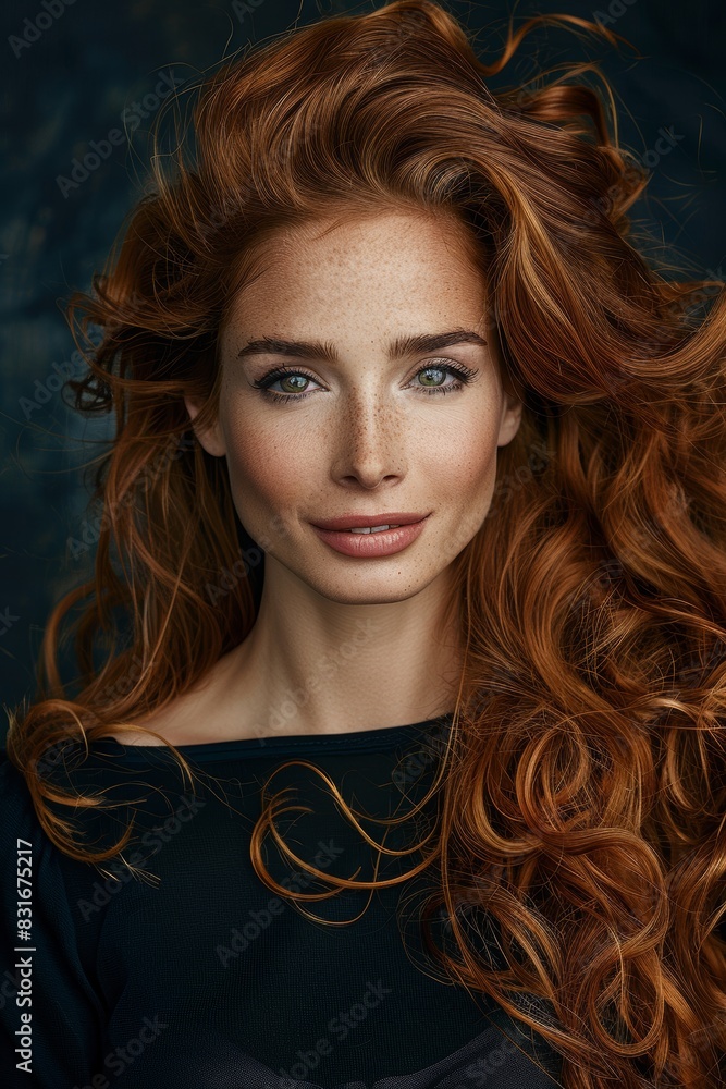 Fototapeta premium A stunning portrait of a young woman with long, wavy red hair wearing a black top, captured with a deep, dark background highlighting her natural features and expression