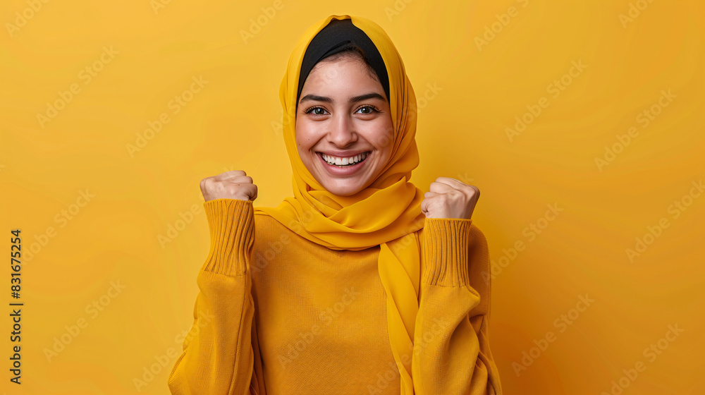 happy emotional muslim woman hand gesture yellow background happy emotional muslim woman hand gesture yellow background