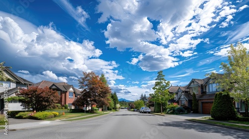 Handsome houses in the suburban area of British Columbia, Canada on sunny day with blue sky and white clouds. Beautiful residential neighborhood with luxury family homes. Wide angle lens