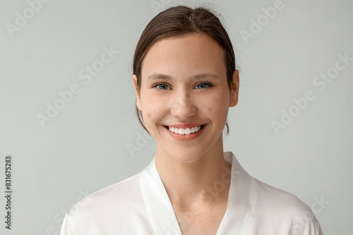 Beautiful young happy woman with acne problem on grey background photo