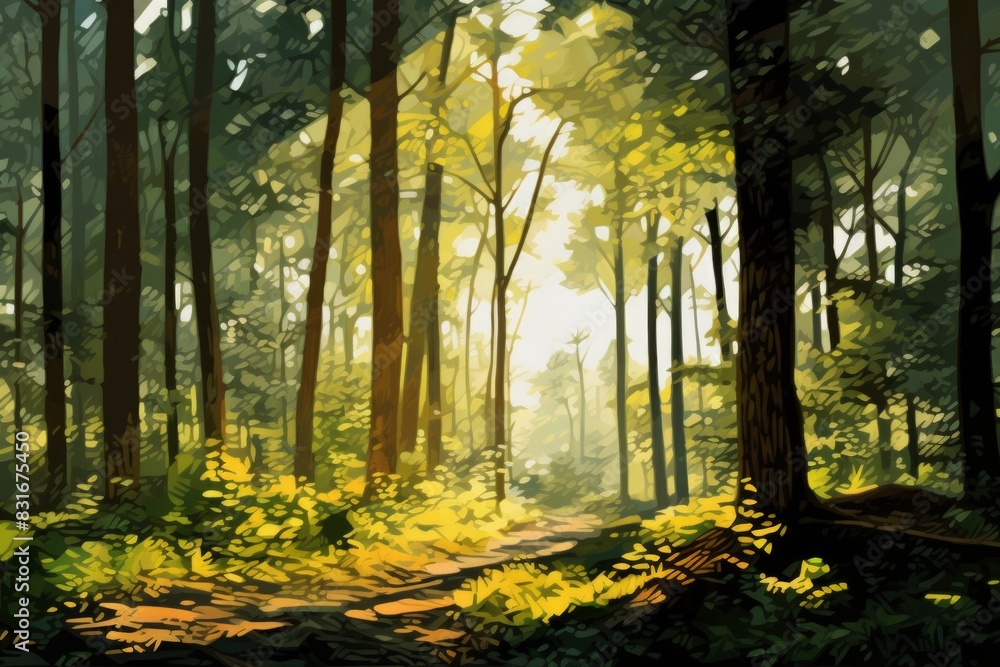 Obraz premium Sunlit Green Canopy Looking Up at Tall Trees in the Forest