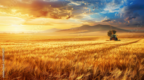 Golden Wheat Field at Sunset with Tractor Harvesting Crops for Autumn