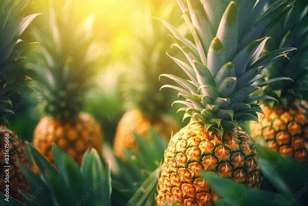 Sliced and half of Pineapple(Ananas comosus) on wooden table with blurred garden background.Sweet, and juicy taste Have a lot of fiber,vitamins C and minerals or healthcare concept , generative ai Sliced and half of Pineapple(Ananas comosus) on wooden table with blurred garden background.Sweet, and juicy taste Have a lot of fiber,vitamins C and minerals or healthcare concept , generative ai