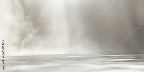 White empty room with smoke or fog on white background. Misty ethereal scene with soft light and reflective surface creating a serene and calming atmosphere in a dreamy abstract style