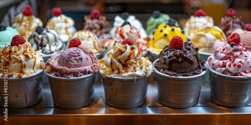 Delightful and Colorful Assortment of Gourmet Ice Cream Scoops Topped with Whipped Cream, Sauces, and Fresh Berries Displayed in Silver Cups at a Dessert Counter photo