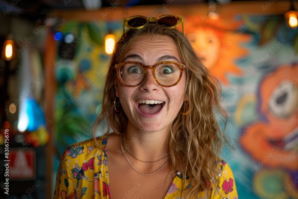 A joyful young woman with curly hair in vibrant glasses and a colorful outfit against a lively background of abstract and whimsical artwork, expressing excitement A joyful young woman with curly hair in vibrant glasses and a colorful outfit against a lively background of abstract and whimsical artwork, expressing excitement