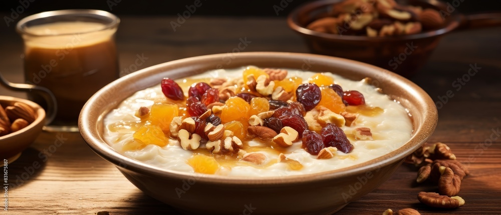 A bowl of creamy rice pudding with dried fruit and nuts. A bowl of creamy rice pudding with dried fruit and nuts.