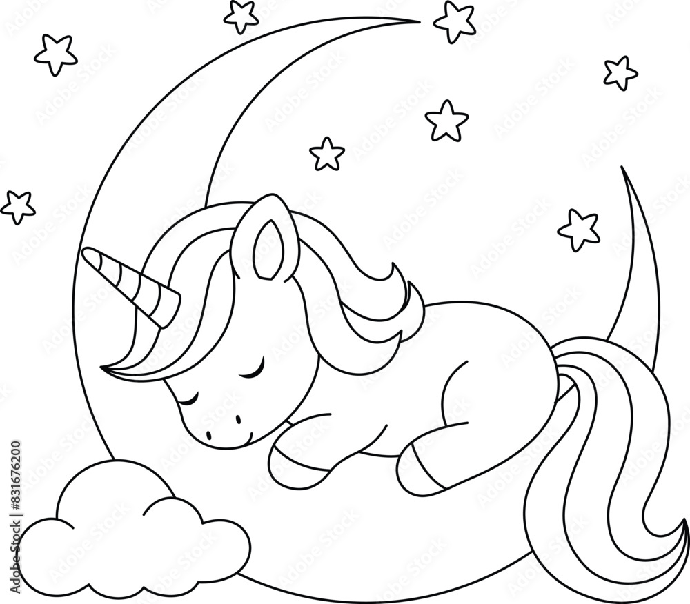 PrintCute kawaii unicorn sleeping on the moon coloring page for kids ...