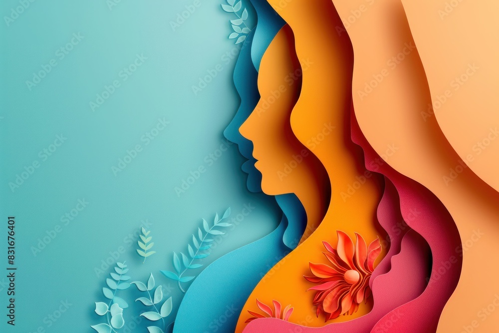Colorful paper art depicting a woman's face with flowers and leaves on blue background inspired by beauty and nature Colorful paper art depicting a woman's face with flowers and leaves on blue background inspired by beauty and nature