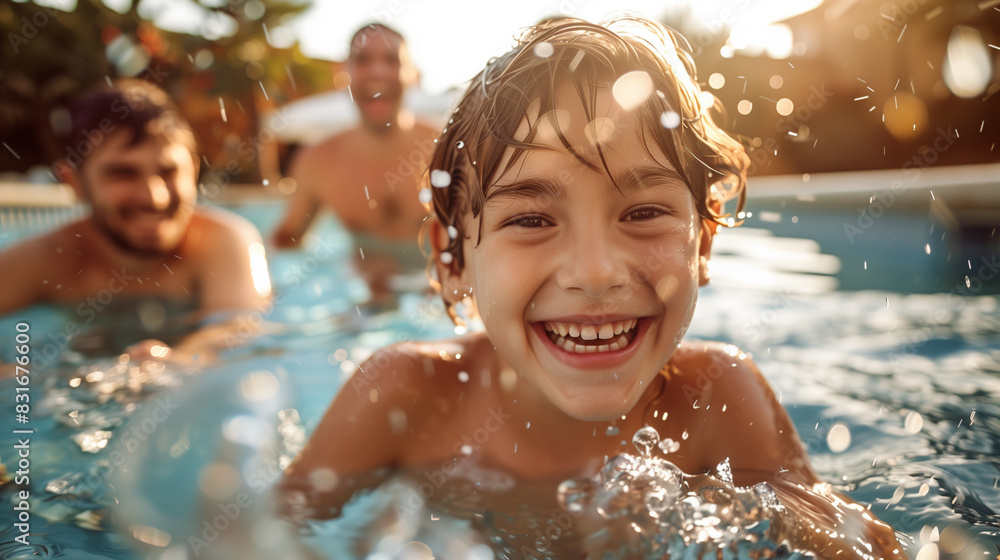 A photo of a family splashing around in a backyard pool, laughter and smiles filling the air A photo of a family splashing around in a backyard pool, laughter and smiles filling the air