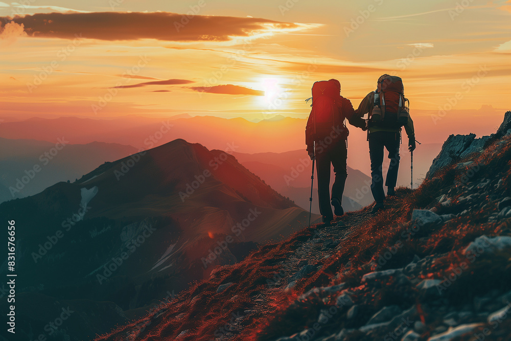 Hiker helping friend reach the mountain with  sunset background, walking together