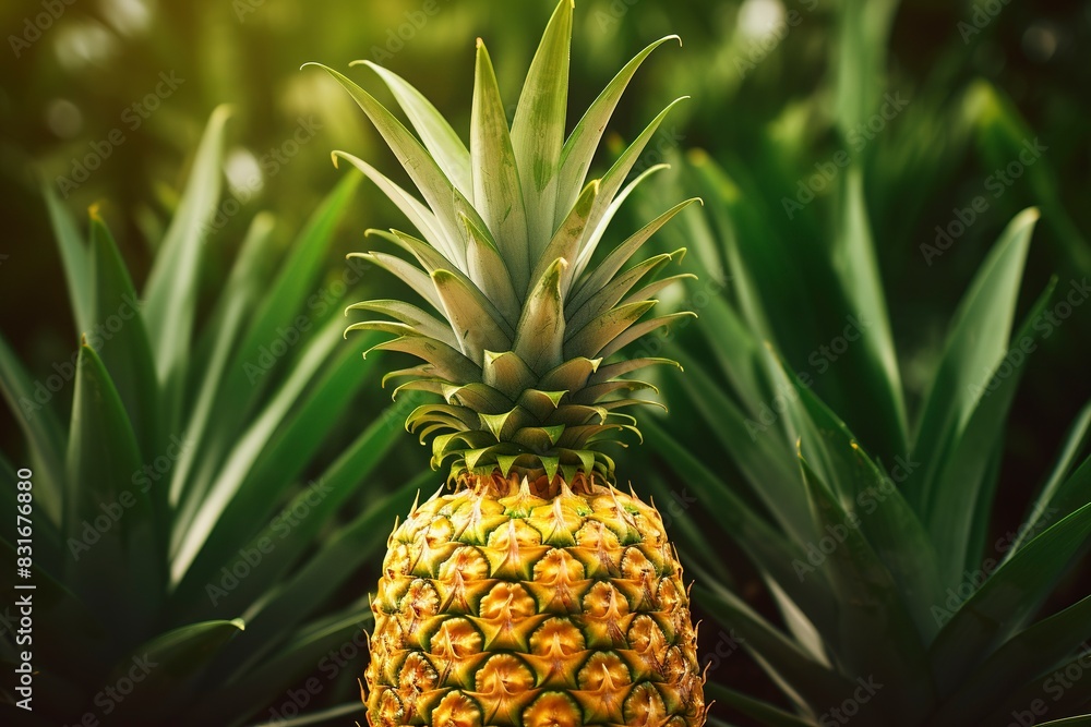 Sliced and half of Pineapple(Ananas comosus) on wooden table with blurred garden background.Sweet, and juicy taste Have a lot of fiber,vitamins C and minerals or healthcare concept , generative ai Sliced and half of Pineapple(Ananas comosus) on wooden table with blurred garden background.Sweet, and juicy taste Have a lot of fiber,vitamins C and minerals or healthcare concept , generative ai