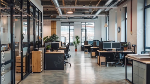 A spacious and modern open-plan office with large windows, contemporary furniture, and an industrial-style ceiling, reflecting a productive work environment © aicandy