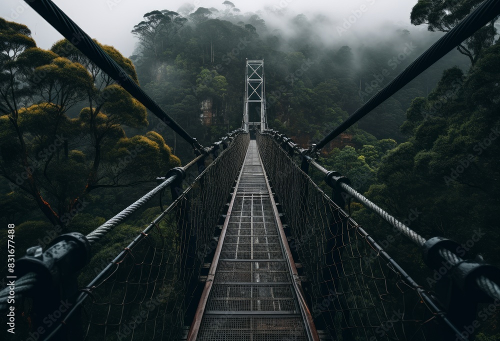 Fototapeta premium Symmetrical Pathways Suspension Bridge into a Green Forest Landscape
