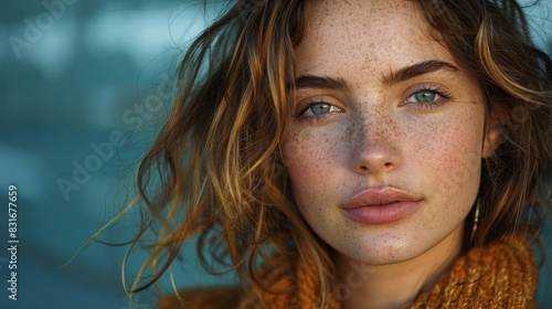 A close-up portrait of a young woman with freckles and wavy hair  wearing an orange sweater  with a blurred background  capturing subtle details and natural beauty in an outdoor setting